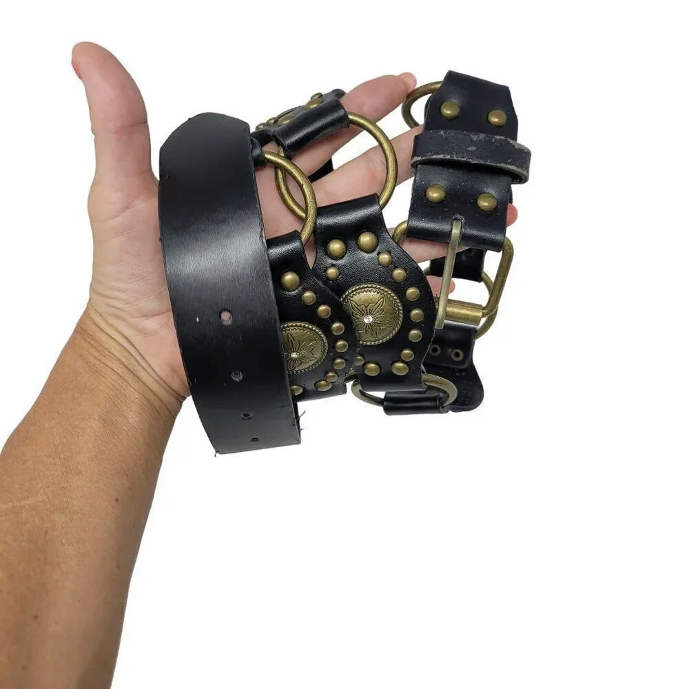 Unisex Vintage-Inspired Black Vegan Leather Belt Brass Concho Studs Chain Hip XL
